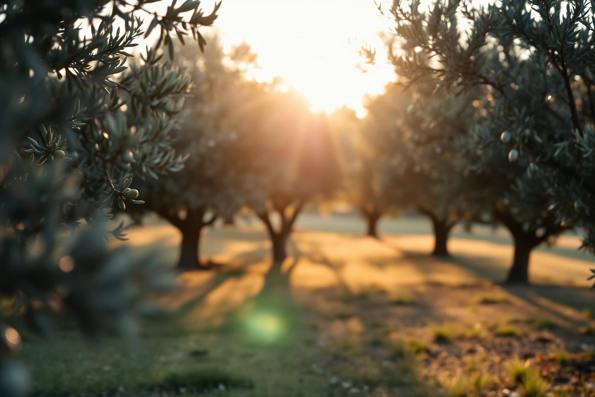 Sunlit olive grove at golden hour